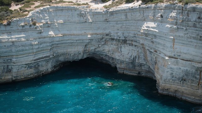 Massive limestone cliff wall rising above the Mediterranean sea