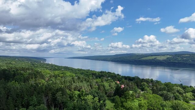 Aerial View Across Seneca Lake and Forested Finger Lakes Shoreline