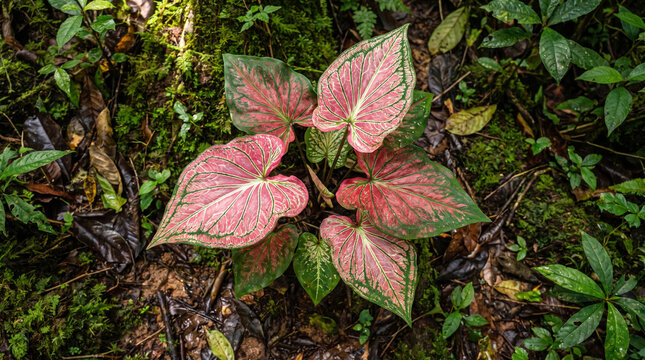 A vibrant Caladium plant with striking pink, red, and green patterned leaves grows on the jungle floor. Soft natural lighting beautifully highlights its translucent veins.