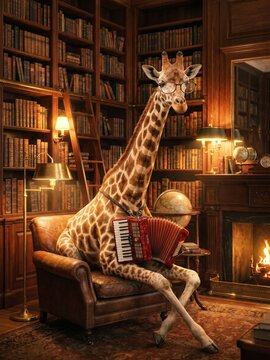 Giraffe with Glasses Playing Accordion in Vintage Library