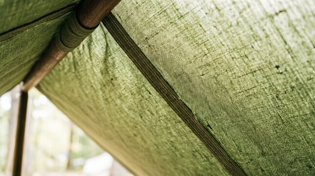 Close-up of green canvas tent fabric stretched overhead showing woven texture, seams, and wooden support pole, soft natural daylight filtering through, outdoor camping shelter detail