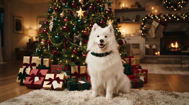 Fluffy Samoyed Dog Smiling In Front Of A Beautifully Decorated Christmas Tree And Gifts.
