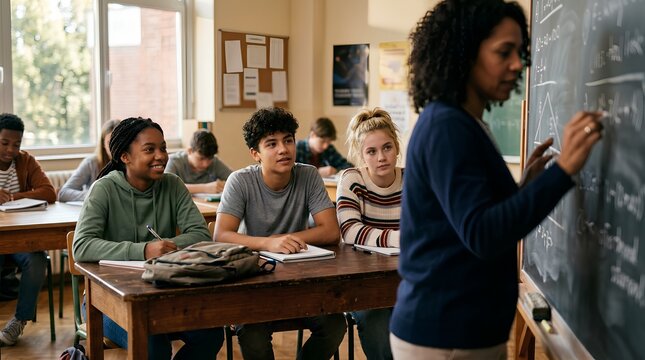 Multiracial teenage classmates sit attentively at wooden desks in sunlit classroom while female teacher writes math equations on chalkboard