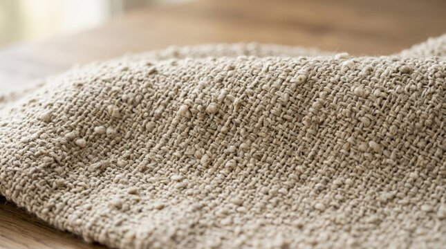 Close-up swatch of woven beige fabric with nubby texture on wooden surface, soft side lighting revealing intricate weave patterns and natural textile fibers in warm tones