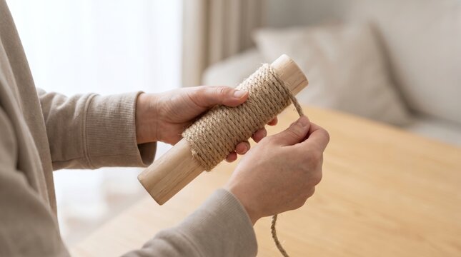 Hands wrapping thick sisal rope tightly around a wooden dowel for a craft project