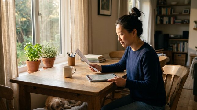 Content teleworker in navy sweater sits at sunlit wooden dining table reviewing printed document alongside tablet, with potted plants and sleepy dog nearby in cozy home office