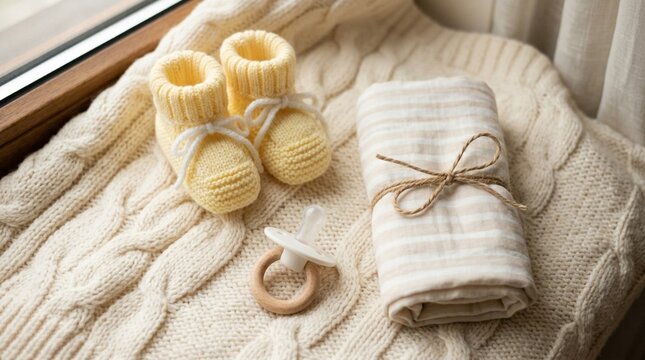 Soft cream knit blanket with pale yellow baby booties, striped swaddle cloth tied with twine, and natural wood pacifier arranged in warm newborn flat lay beside window