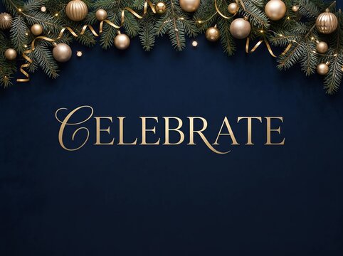 Festive Gold Celebrate Text on Dark Blue Christmas Background