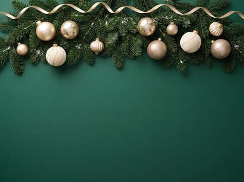 Elegant Christmas Border with Gold Baubles on Green Background
