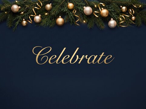 Christmas Holiday Background with Golden Ornaments and Celebrate Text