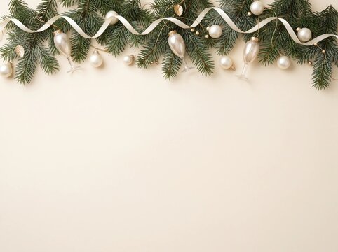 Elegant Christmas Frame with Fir Branches and White Ornaments