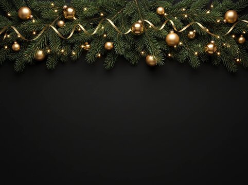 Christmas Fir Border with Gold Ornaments on Black Background