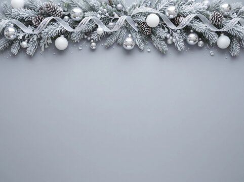 Elegant Silver and White Christmas Garland on Grey Background