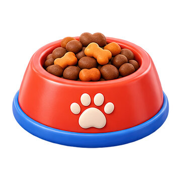 A red and blue pet bowl filled with kibble and bone-shaped treats