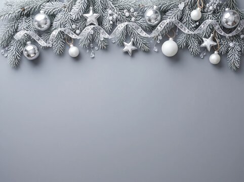Elegant Silver and White Christmas Border on Gray Background