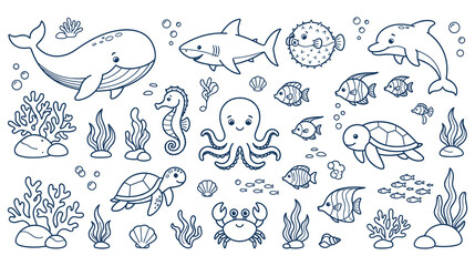 Fototapeta premium Cute cartoon sea creatures line art collection for kids.