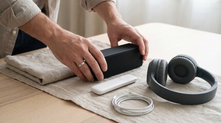 Fototapeta premium Hands wrapping a black portable bluetooth speaker in a linen cloth for packing