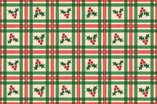 Holly Berry Plaid Seamless Pattern