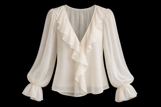 White ruffle blouse displayed on black studio backdrop