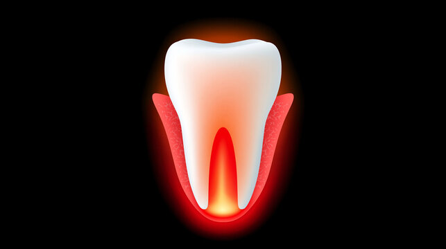 Exclusive photo of A glowing inflamed tooth root set against a black background. This medical illustration represents dental pain and oral health issues for dentistry clinics.