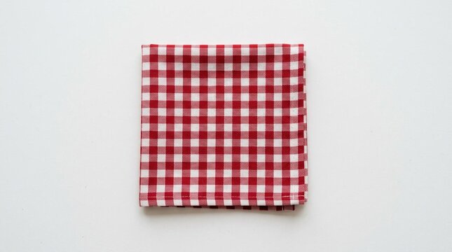 Folded red and white gingham checkered cotton napkin resting on plain white surface, overhead minimalist still life with soft even lighting