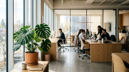 Fototapeta premium Modern sunlit open-plan office interior with blurred coworkers working at wooden desks, large green monstera potted plant by floor-to-ceiling windows, contemporary collaborative workspace