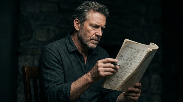 Mature actor in dark shirt reviewing printed script with pen, furrowed brow in dim room, dramatic lighting, focused expression, theatrical preparation concept