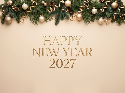 Elegant Happy New Year 2027 Greeting with Golden Ornaments