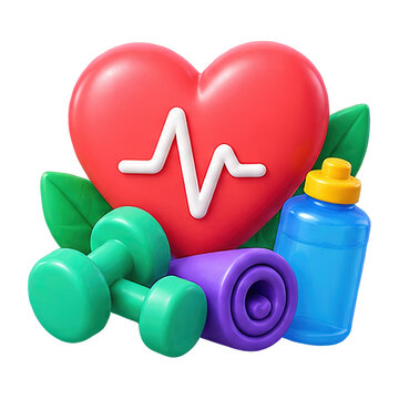 3D icon representing health and fitness with heart, dumbbell, and water bottle