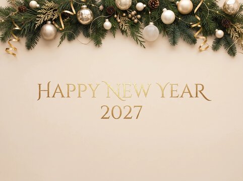 Happy New Year 2027 Festive Background with Ornaments and Greenery