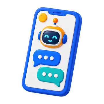 3D chatbot icon on a smartphone screen with chat bubbles and a friendly face