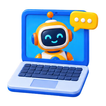 Friendly robot assistant on laptop screen with speech bubble for communication