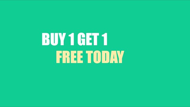 Buy 1 get 1 free today promotional text animation for retail sales and marketing campaigns 4k bogo