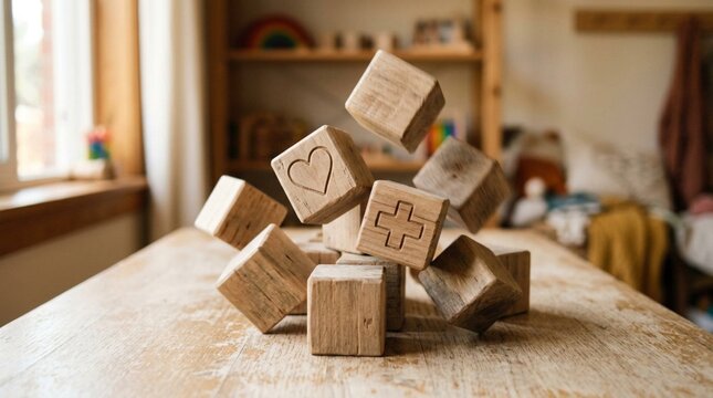 Stacked natural wooden toy blocks mid-tumble on a rustic pale wood table, one block face showing a simple carved heart and another a cross, cozy warm nursery interior, soft window light, selective