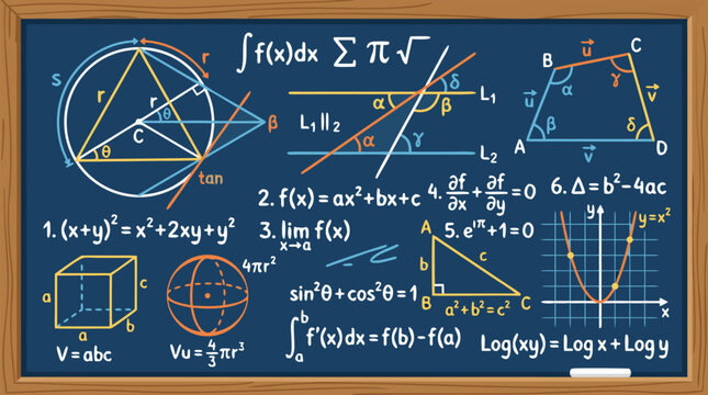 Colorful mathematical formulas, geometry theorems, trigonometry equations, calculus integrals, and scientific diagrams drawn as bold flat chalk doodles on a deep blue chalkboard education background