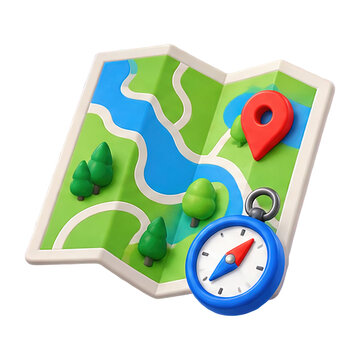 3D icon of a folded map with a compass and location pin for navigation