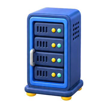 3D icon of a blue server rack with yellow and green indicator lights