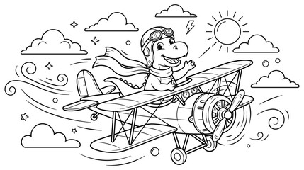 dinosaur pilot flying biplane line art children illustration. © Amir