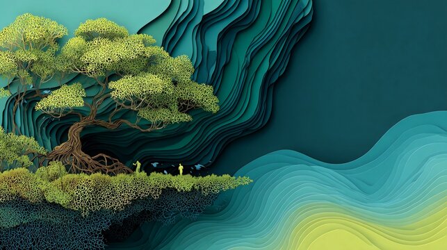 A layered paper art depicting a vibrant tree on a cliff overlooking cascading turquoise shapes. Small figures roam