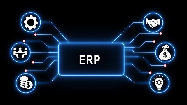Enterprise resource planning erp software system architecture concept animated infographic featuring neon glowing circuit lines interconnecting core business management and data nodes