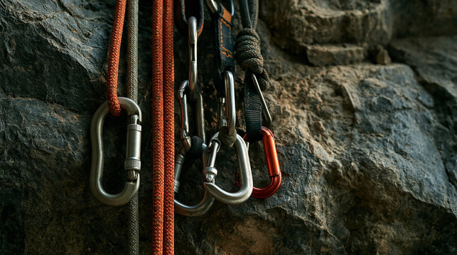Exclusive photo of Climbing gear with carabiners and ropes hanging on a natural rock wall. Represents adventure sports and safety equipment for extreme outdoor activities.