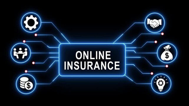 Dynamic online insurance concept animation featuring glowing blue circuit board pathways, connected financial digital security network infographics, and modern business technology solutions