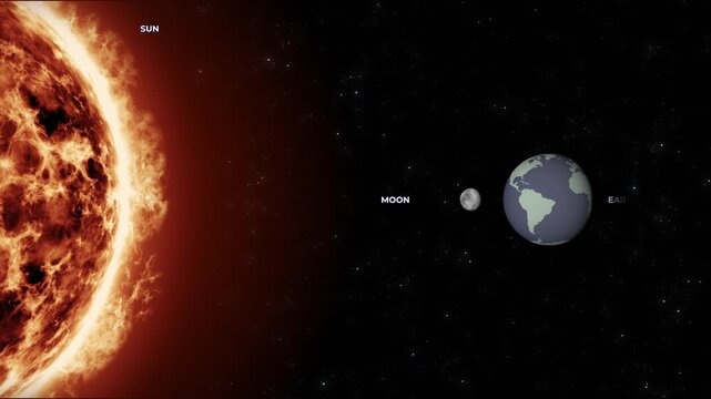 Scientific animation illustrating a solar eclipse, showing the Moon passing between the Sun and Earth with the umbra and penumbra casting shadows on Earth