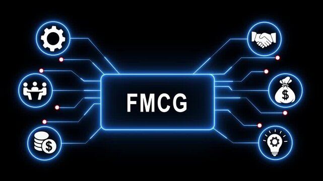 Futuristic fmcg animation featuring glowing blue circuit board pathways, connected business financial growth symbols, and corporate strategy concepts on a dark background