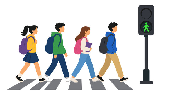 Flat vector illustration of diverse students with backpacks walking across a zebra crosswalk toward a green pedestrian traffic light, vibrant flat colors, urban safety concept