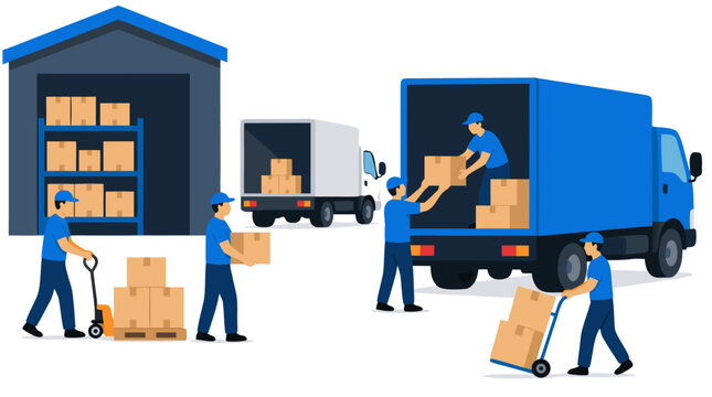 Warehouse workers loading cardboard boxes onto delivery trucks, bold flat colors on clean white background, vector illustration of logistics and shipping industry teamwork