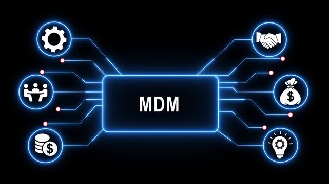 Master data management mdm concept animation featuring futuristic glowing blue circuit lines, connected business enterprise data governance, information architecture, and digital strategy