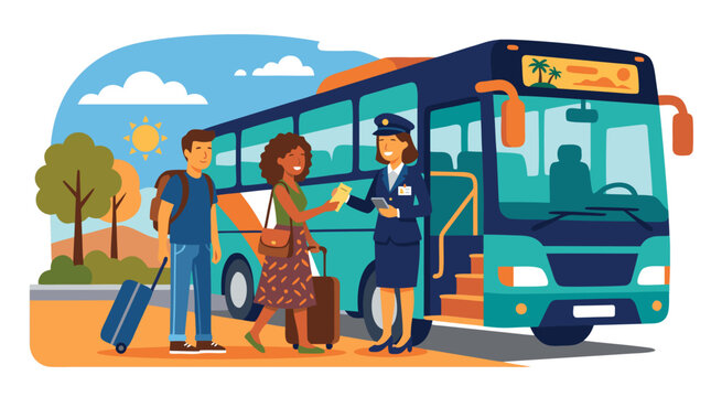 Female tour bus operator in uniform checking tickets and baggage of summer travelers, flat vector illustration of transport service with luggage and coach