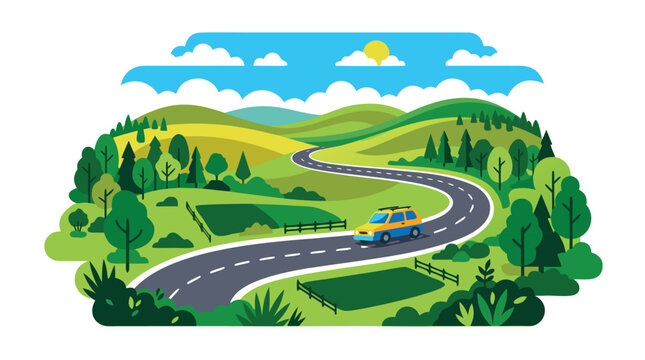 Small yellow car driving along a winding countryside road lined with lush green trees, rolling hills, wooden fences and a sunny sky, bold flat color vector illustration