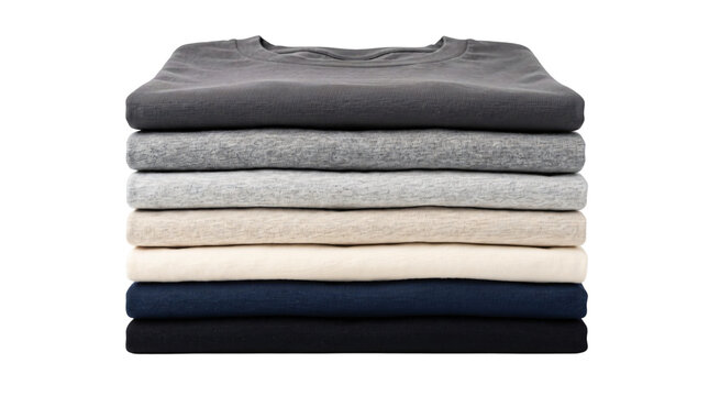 Stack of folded t-shirts in neutral tones. Assorted color basics laid neatly on white background. Collection of casual wear, gray, white, blue, black. Clothing retail organization.